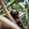 A contented sloth lounging leisurely in the branches of a tall tree, captured in a portrait1