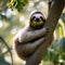 A contented sloth lounging leisurely in the branches of a tall tree, captured in a portrait2