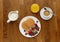 Continental breakfast of a Pancakes, fruit, orange juice, and co