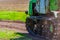 Continuous caterpillar tracks of the bulldozer. Close up detail of a metall crawler tractor tracks