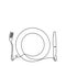 Continuous line art. Contour Cutlery Background. Kitchen utensils. One Line Drawing. Plate, fork, and knife