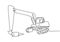 Continuous line art or one line drawing of construction backhoe vehicle. Heavy construction machinery concept. Excavator work