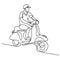 Continuous line art or one line drawing of young man riding vespa motorcycle. A male bikes classical scooter matic isolated on