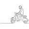 Continuous line art or one line drawing of young man riding vespa motorcycle. A male bikes classical scooter matic isolated on