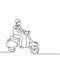 Continuous line art or one line drawing of young man riding vespa motorcycle. A male bikes classical scooter matic isolated on