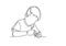 Continuous line of boy sitting and playing happily to plastic construction