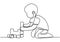 Continuous line of boy sitting and playing happily to plastic construction toy blocks. Playing lego. Learn to arrange lego. Vector