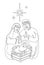 Continuous line drawing of The birth of Jesus Christ. Holy family figures Mary, Joseph and baby Jesus. Template for