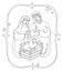 Continuous line drawing of The birth of Jesus Christ. Holy family figures Mary, Joseph and baby Jesus. Template for