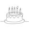 Continuous line drawing of birthday cake with candle. A cake with cream and candles. Birthday party celebration concept. Happy