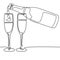 Continuous line drawing. Bottle and glasses of champagne wine. Vector illustration.