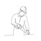 Continuous line drawing of carpenter holding saw. worker line art with active stroke