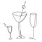 Continuous Line Drawing  champagne, martini glasses and shot glasses. Trendy one line draw design vector illustration