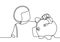 Continuous line drawing a child puts a coin in a pig piggy bank. Little girl saving money in her piggy bank. Business finance one