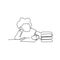 continuous line drawing of a child writing with a book beside him