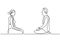 Continuous line drawing of couple doing yoga meditation. Young man and woman sitting with folded legs and facing each other