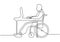 Continuous line drawing of disability man sit on wheelchair working with a computer. Concept of Person with physical injury can