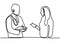 Continuous line drawing of doctor talking with patient. Provide an explanation of the diagnosis of the patient`s disease. Holding