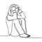 Continuous line drawing of exhausted sad young woman covering his face by hands. Female suffering from depression. Girl in despair