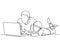 Continuous line drawing of father and child watching laptop computer