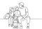 Continuous line drawing of father with daughter and son sit and talk. Happy family go on vacation on school holidays. Template for