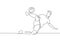Continuous line drawing football player. Athlete kick a ball to make a goal during the game. Vector minimal one hand drawn