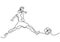 Continuous line drawing a football player kicks the ball. Young athletic man playing football in the field. Character male in
