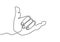 Continuous line drawing of hand showing Shaka sign. Shaka gesture symbol greetings made by Hawaii people. Abstract hands can mean