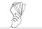 Continuous line drawing of hands holding piles of money banknotes. Human hand with banknotes hand draw minimalism style. Payment