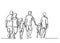 Continuous line drawing of happy extended family walking