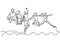Continuous line drawing of happy group of students jumping over sea