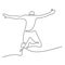 Continuous line drawing of happy jumping man. A young teenager male showed a happy expression with jumping high. The concept of