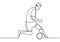 Continuous line drawing. Illustration shows a football player kicks the ball. A happy male soccer player in shorts kicks the ball