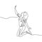 Continuous line drawing of jumping girl. A woman jump looks happy with toss hand sign