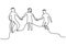 Continuous line drawing of jumping happy team members. Four young people jump together to express their happiness. Group of four