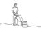 Continuous line drawing of male cleaner washes the floor. Janitor man using vacuum cleaner to wash the floor. Clean tools and