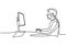 Continuous line drawing of man look computer screen. A professional office worker concentrated behind computer and wear a mask in