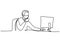 Continuous line drawing of man look computer screen. A professional office worker concentrated behind computer and wear a mask in