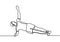 Continuous line drawing of man stretching. Young energetic man exercise side plank in gym fitness center vector illustration.
