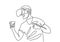 Continuous line drawing of man in VR glasses, holding motion controller. A male playing virtual games hand drawn line art doodle