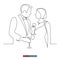 Continuous line drawing of Man and woman standing with glasses of wine. Scene at a wedding, party, or restaurant. Template for