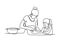 Continuous line drawing of mother and daughter cooking a food. Vector family time one hand drawn single sketch illustration