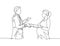 Continuous line drawing of obstetrician and gynecologist doctor handshake and congratulate a young happy pregnant mom about her