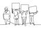 Continuous line drawing people holding a protest sign. People`s aspirations. Protest or revolution concept. Vector illustration