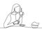Continuous line drawing of sitting dreaming woman with cup of tea. Young beautiful woman relaxing with cup of tea or coffee. A