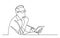 Continuous line drawing of sitting man planning with tablet