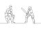 Continuous line drawing sport theme, Two person playing cricket game during the match competition vector illustration. Minimalism