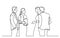 Continuous line drawing of standing businee people discussing deal