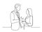 Continuous line drawing of two colleagues standing and talking. continuous line drawing of man and woman discussing work. Vector