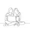 Continuous line drawing of two girl with laptop minimalist design one hand drawn concept of college woman study and discussion